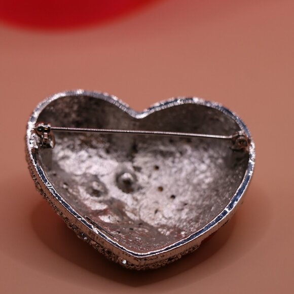 Approx. 2" Diameter Heart Brooch with Red Bow and Rhinestones - Picture 2 of 4